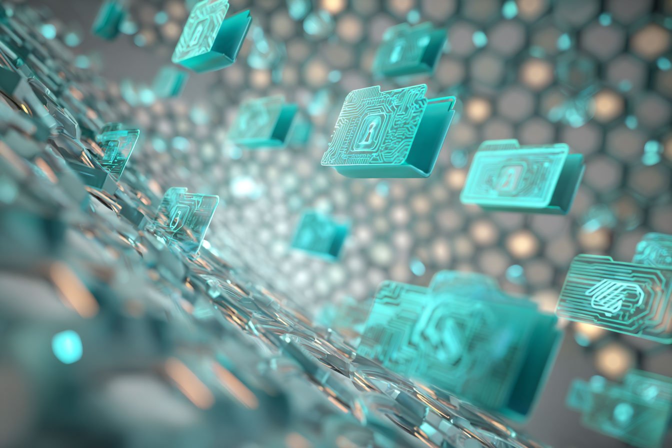 secure-file-sharing Abstract file folders flying in digital space.