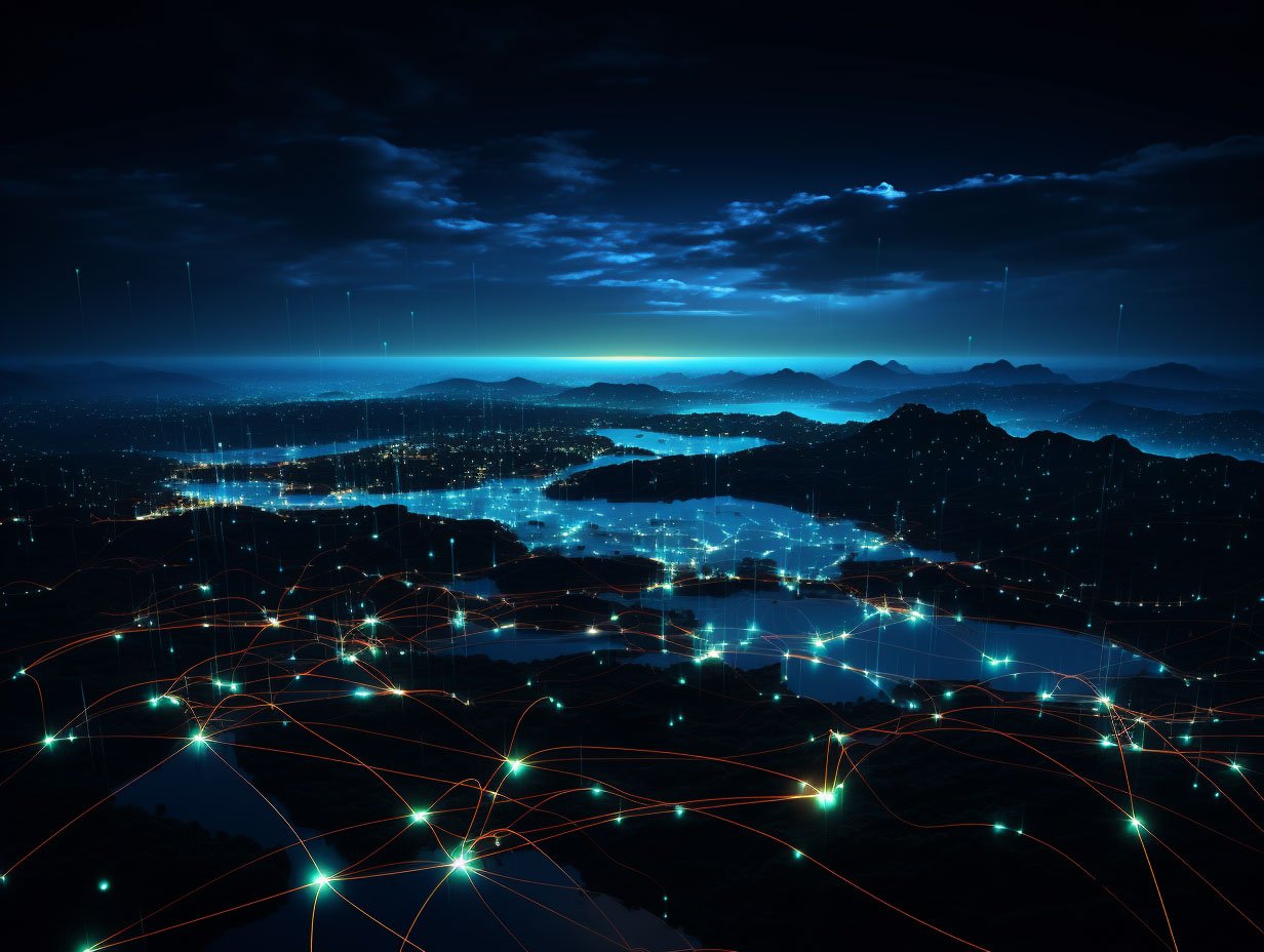 secure-remote-work Remote nodes of computer network interlinked and secured by VPN