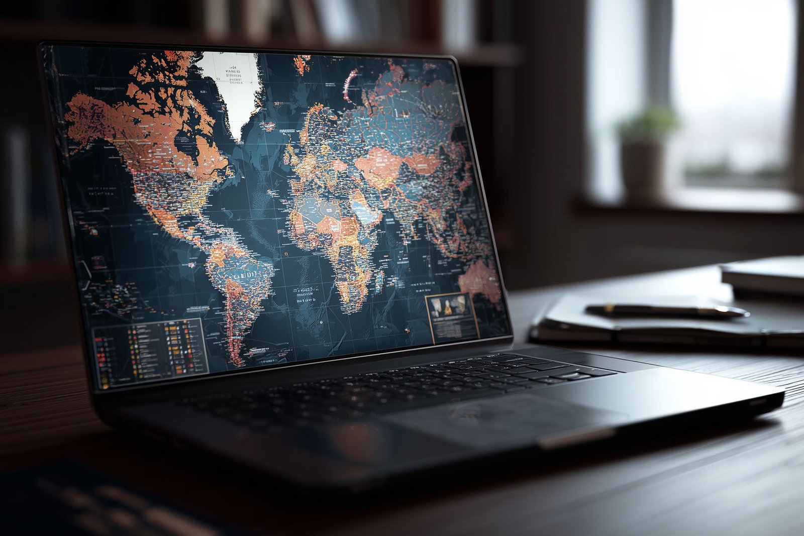 staying-safe-while-traveling Laptop showing a world map on the screen.